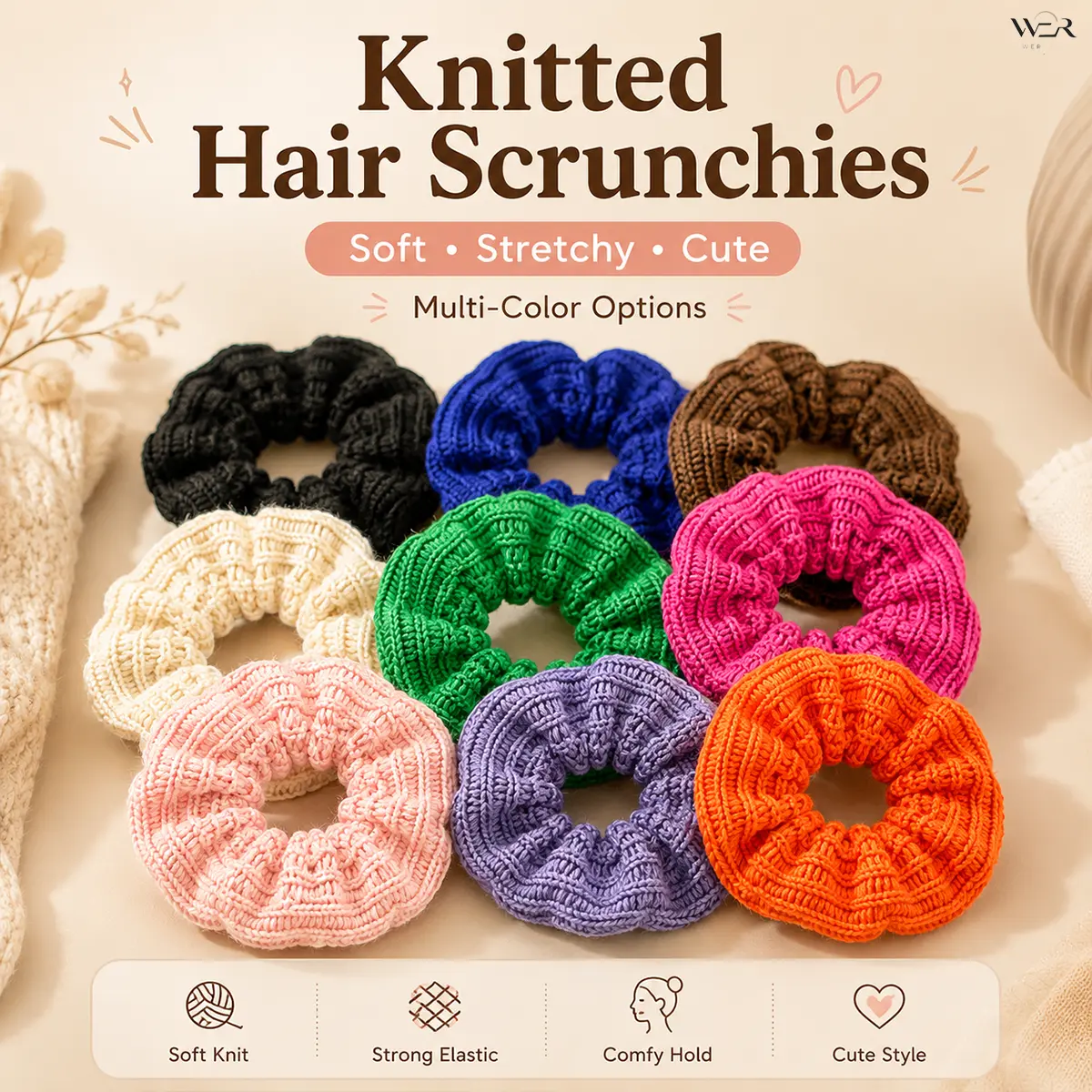 Women’s/Girls’ Soft Knit Ribbed Sparkling Scrunchies - Feminine, Lightweight, Comfy Hold, Stretch Elastic, Versatile Summer Gift Accessory (10cm Outer Diameter, 4.5cm Inner Diameter) for Daily Wear, Knitted Hair Scrunchies