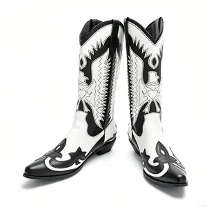 Men's Embroidered Pointed Toe Mid-Calf PU Leather Slip-On Boots, Black and White, All-Seasons Casual Wear, Comfortable Durable Versatile Fashion Footwear,summervibes Walking Shoes