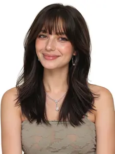 18 Inch Deep Wave Wig with Bangs, Medium Length Curly Synthetic Hair, Natural Look, Easy Care, Suitable for All Ages, Synthetic Hair Wigs