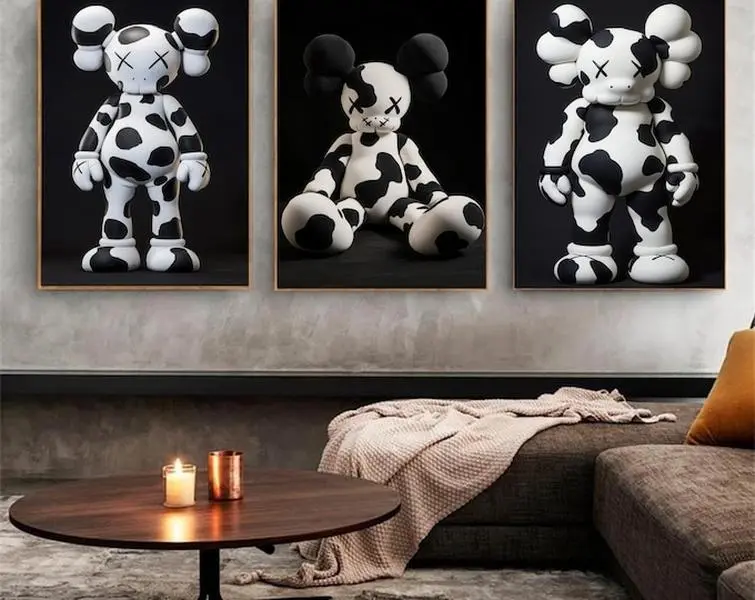 Black and White KAWS Set of 3  Hypebeast Posters,Cow Print Wall Art,Printable Street Art Decor,Modern Hypebeast Toy Figure Print Set