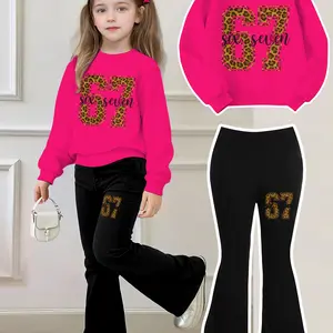 Girls' Two-Piece Set '67 Six Seven' Print Sweatshirt + Bell Bottom Pants, Casual Fitted, Spring & Fall Fashion, Fashion Clothes Set, Birthday Gift