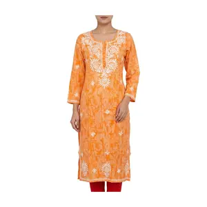 #Top- 92 Stunning Orange Embroidered Chikankari Kurta Top - Festive Elegance!