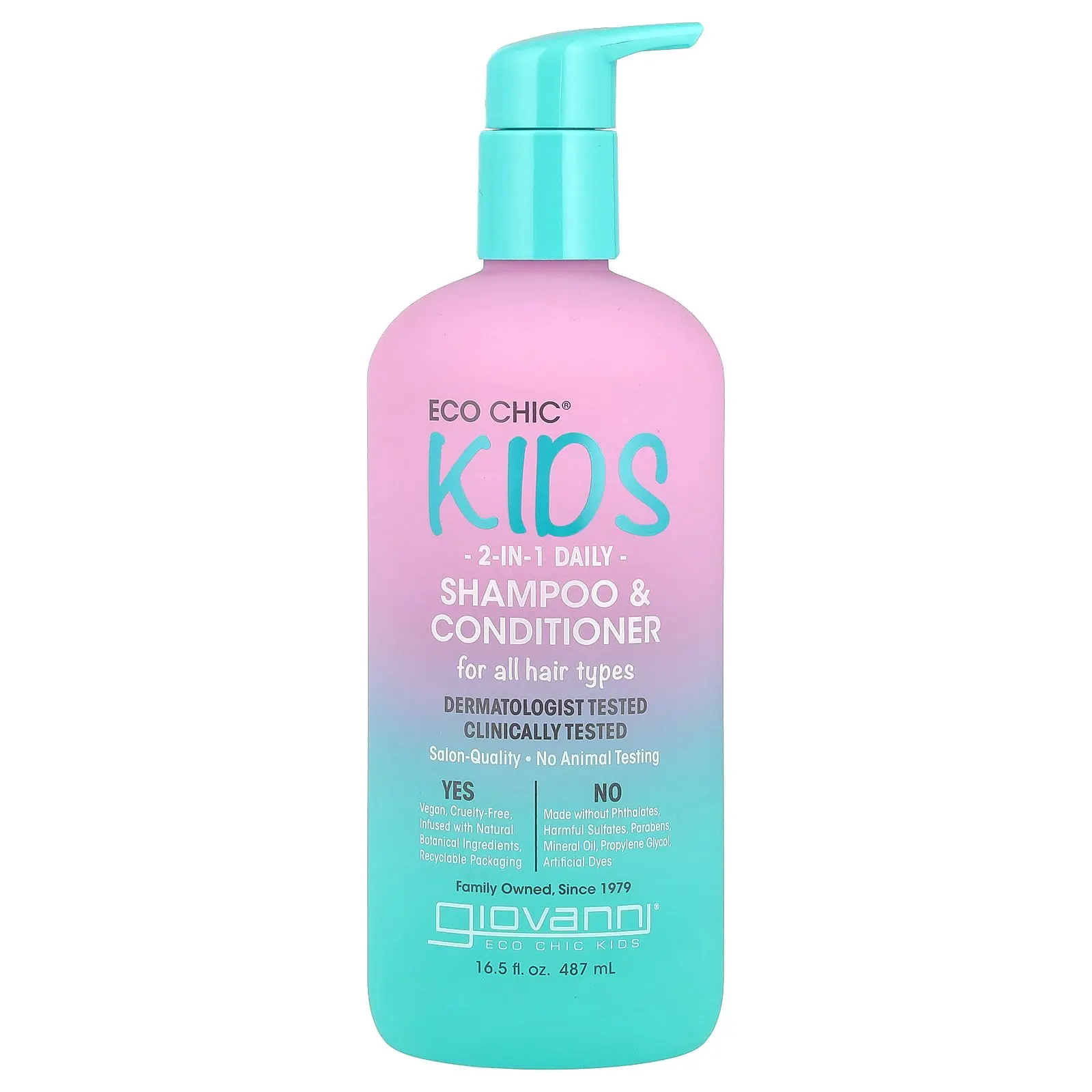 Giovanni Eco Chic® Kids, 2-In-1 Daily Shampoo & Conditioner, For All Hair Types, 16.5 fl oz (487 ml)