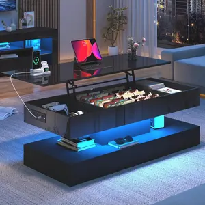 39.4"/47.2" Large Lift Top Coffee Table,Modern High Glossy LED Coffee Tables for Living Room with Storage,Black Living Room Tables for Living Room,Dining Room,Bedroom Home Office,APP LED Lights（Black/white）