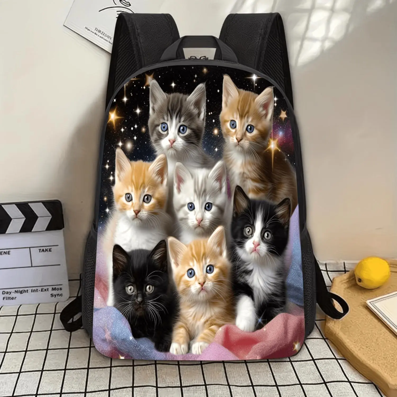 1pc, Cartoon-style Kitten Large-Capacity 17-Inch Casual Backpack Laptop Bag with Water Bottle Holder - Lightweight and Durable Teen School Backpack, Unisex Work Commute Travel Picnic Festival Birthday Gift, Modifiable shoulder straps, Vibrant Cartoon
