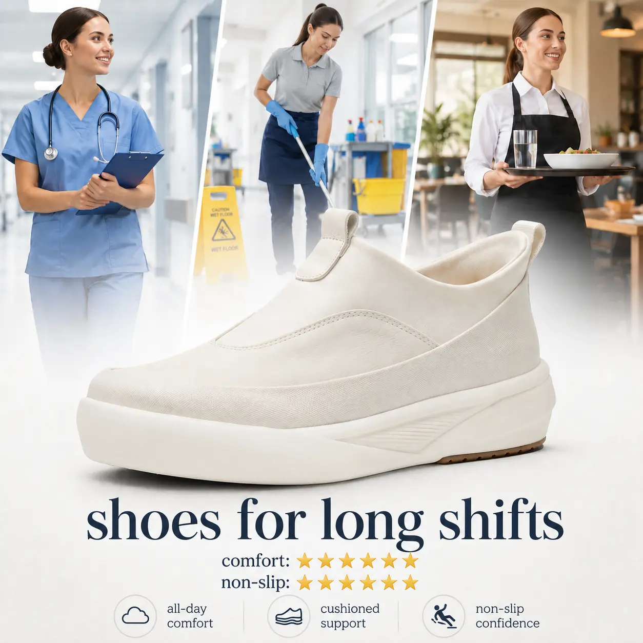 Hiwell Slip Resistant Work Shoes for Women and Men, Water-Resistant Slip-On Nursing Shoes with Supercritical Foam Midsole, Cushioned Healthcare Shoes for Long Shifts