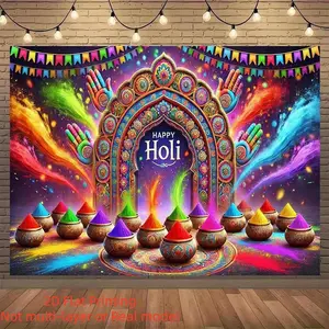 2D Flat Banner Vibrant Holi Festival Celebration Backdrop, Traditional Indian Design on Colorful Polyester Banner for Indoor & Outdoor Parties, Home & Garden Events