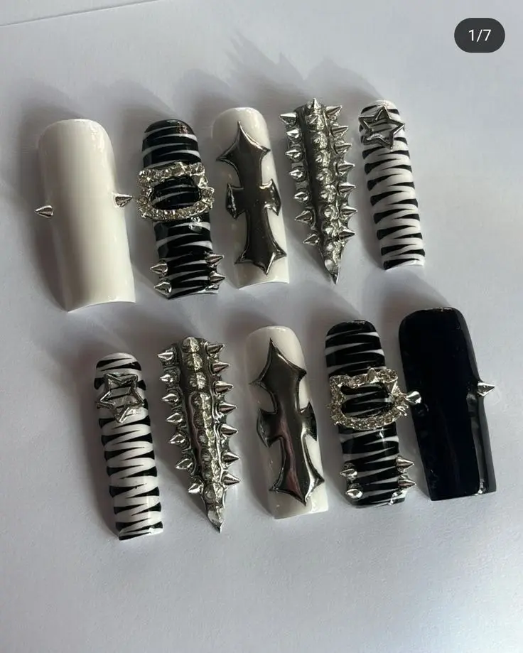 Monochrome Spiked Power Nails – Bold Black & White with Chrome Crosses, Studs, Stripes, halloween set, 3D nails