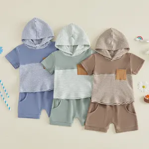 Imcute 2Pcs Kids Baby Boy Summer Outfits Set Short Sleeve Stripes Print Hoodie Tops Shorts Set Toddler Clothes Set
