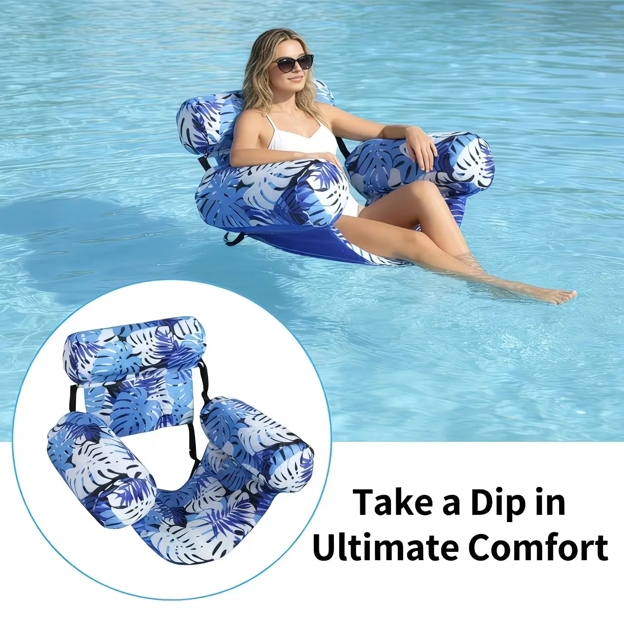 Adult U-Shape Floating Pool Lounge Chair, Mesh Water Floating Sofa with Headrest, Portable Buoyant Swimming Soft Float Seat for Pool Lake Beach Backyard Summer Water Party Sunbathing, Palm Leaf Print Water Relax Float Chair