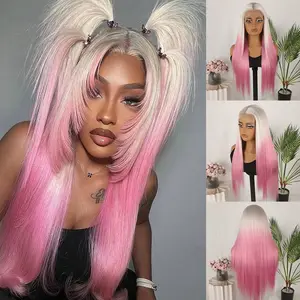 White Ombre Pink 13X4 Synthetic Lace Front Wigs Glueless Muted Mauve Pink Long Straight Hair 28 Inch Natural Hair Line Heat Resistant Fibe Soft Natural Hair Line Daily Party Use