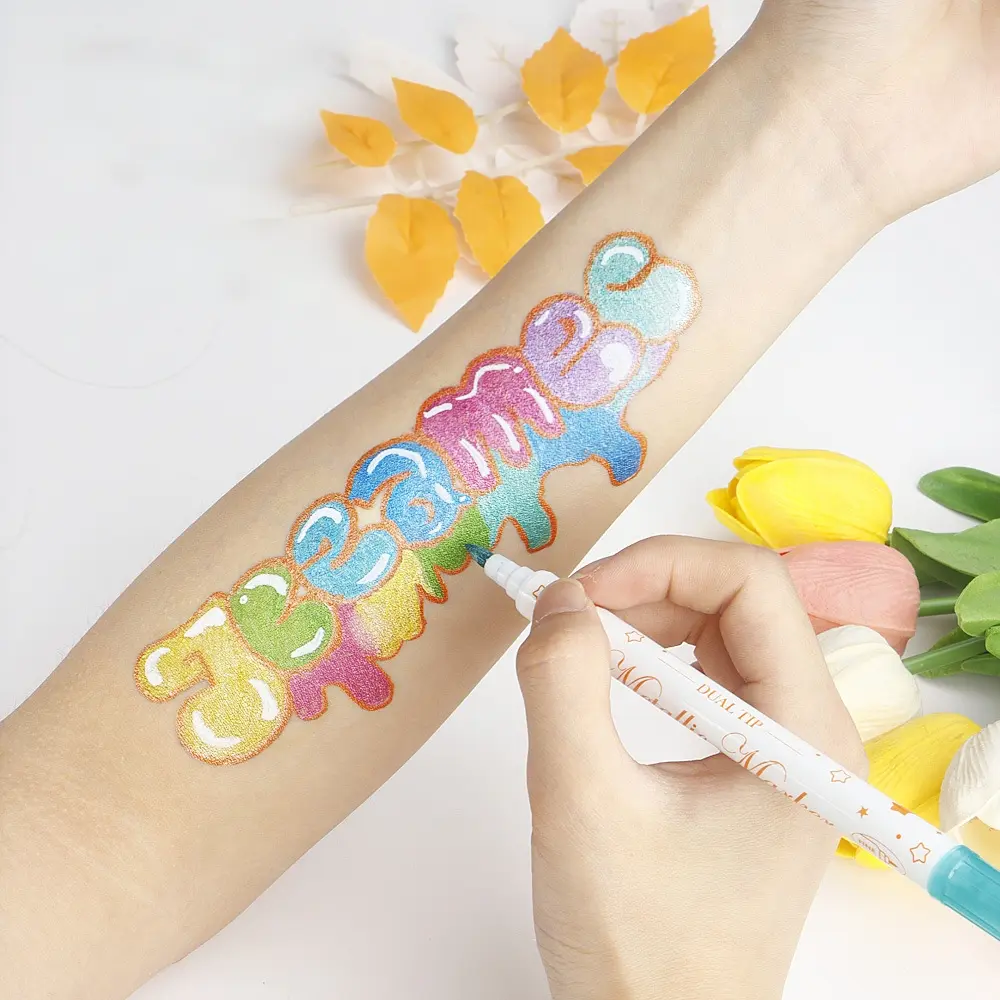 🎨 Temporary Tattoo Freedom! 12-Color Dual-Tip Body Art Markers + Tattoo Stencil Stickers ✨ Washable Vibrant Ink, Easy for Daily Drawing 🎃 Perfect for Halloween Makeup/Cosplay 🎁 Holiday Craft Gift for Kids/Teens, TikTok Shop US
