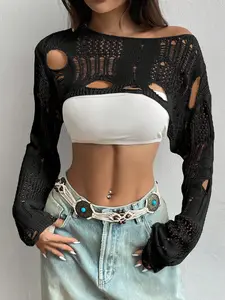 Women's Summer Solid Color Asymmetrical Neck Long Sleeve Ripped Cropped Sweater - Long Sleeve Top for Women - Knitwear, Womenswear Comfort