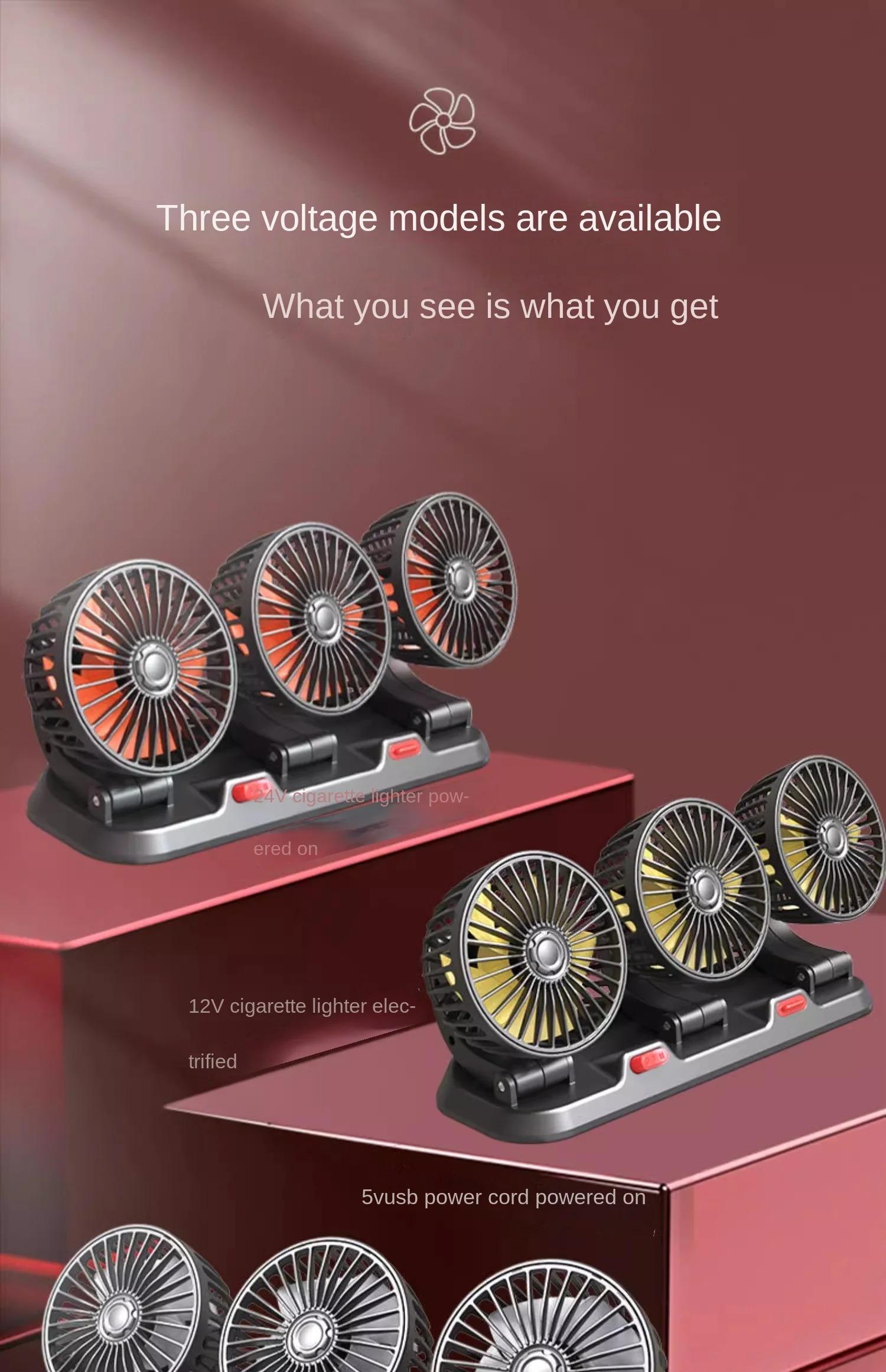 Car Fan 360° Adjustable 3 Head Air Fan Automotive Electric Fan USB/12V/24V Fan 2 Speeds Car Silent Fan for Home Desk Office&Car