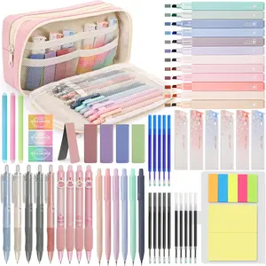 61 PCS Aesthetic School Supplies with Cute Pencil Case, Pastel Highlighters, Gel & Erasable Pens, Mechanical Pencils, Refills, Complete Essentials Stationery Kit for Students
