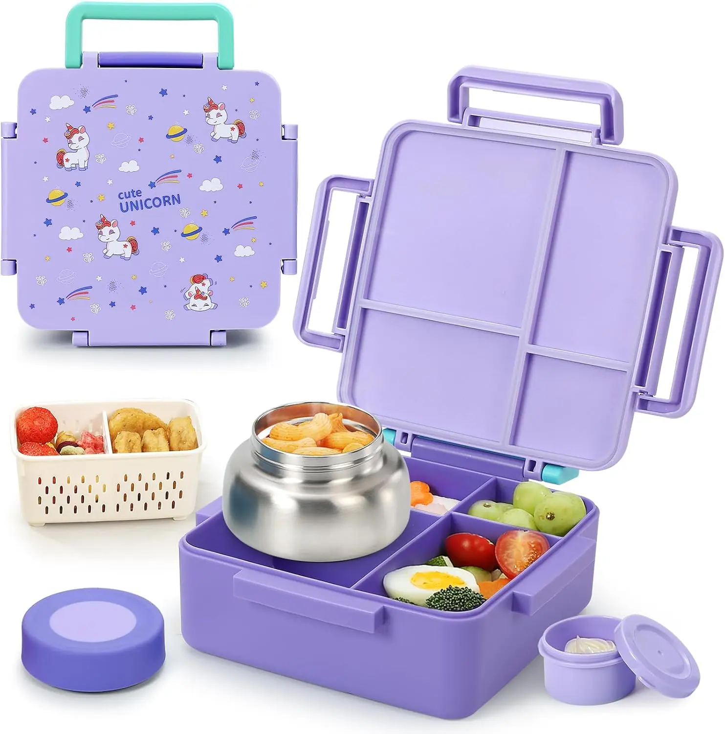 Kids' Insulated Bento Box with Thermos - Back to School Lunch Container, 4-Compartment, Large Capacity, Drop-Proof, Dishwasher Safe, Purple, Includes Silicone & Plastic & Steel Tableware for Fruit (Ages 3+)
