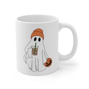 Ghost with Iced Coffee and Beanie Graphic Mug - Cute Scary Graphics - Halloween - Trick-or-Treat - Pumpkin, White, Ceramic 11 fl oz Mug