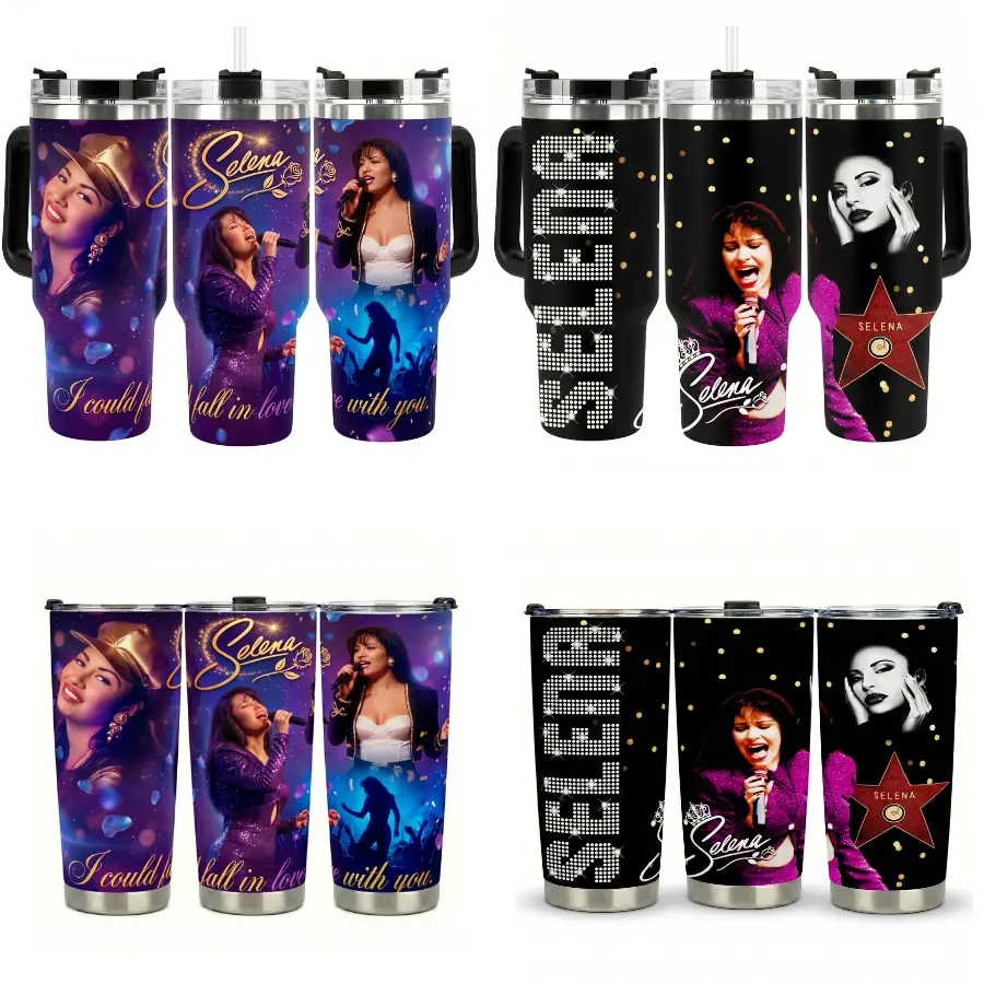 Selena Inspired 40oz-30oz-20oz Tumbler With Handle, Tejano Music Fan Travel Cup, Floral Singer Tribute Stainless Steel Tumbler, Gift For Selena Fans