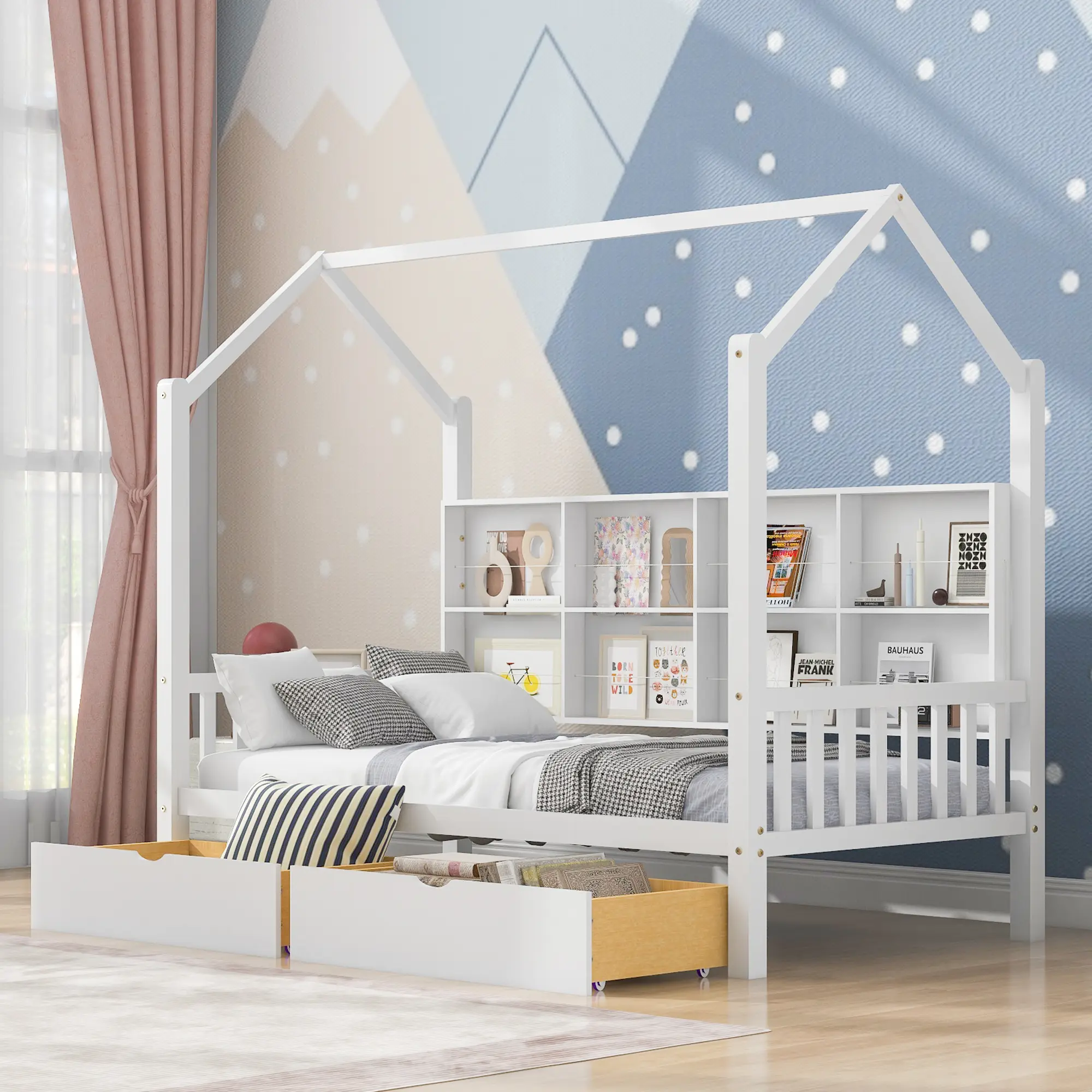 White Kids’ Wood Playhouse Bed - Twin Size, Neutral Finish, Slats, 2 Drawers, Storage Shelf, 77.5"l x 42.1"w x 68.1"h, Indoor Furniture, Assembly Required, Promotes Better Sleep Environment, Playhouse Design