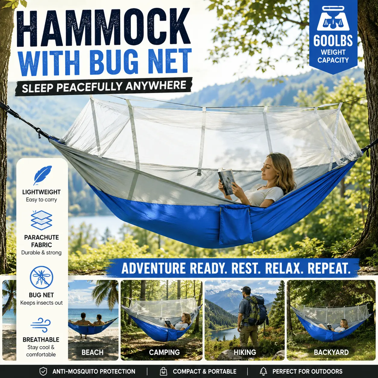 Outdoor Mosquito-Proof Hammock with Fine Mesh Net, Foldable Portable Tree-Hanging Swing Foldable Bed, Ideal for Camping, Garden Leisure