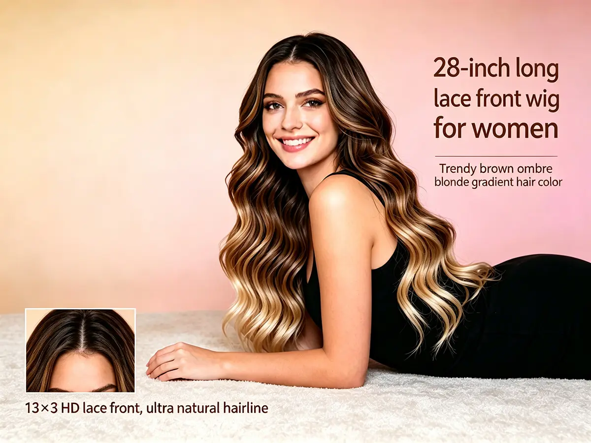 Wigscene 28 Inch Long Brown Ombre Blonde 13x3 Lace Front Synthetic Wig for Women Natural Look Wavy Curly  Low Density 130% Heat Friendly Daily Use Wig Lace Front Wigs