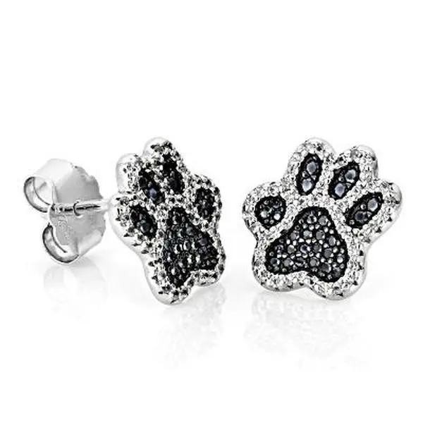 Jtv Paw Print Stud Earrings in Rhodium-Plated 925 Sterling Silver with Black Spinel and White Zircon, 0.64ctw, 925 Earrings, Animal Ear Earrings