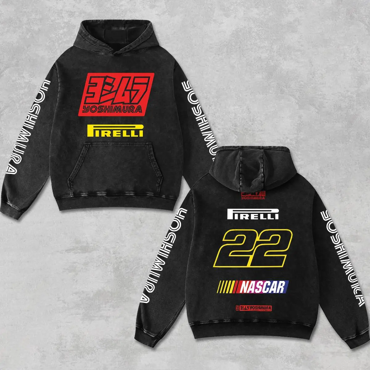 Retro Yoshimura Racing Hoodie Vintage Washed Black, Pirelli NASCAR Number 22 Graphic Top, Motorsport Car Sweatshirt, Vintage Acid Wash Pullover, JDM Bike Streetwear, Retro Moto Gear Motorbike Apparel Men’s Grunge Y2K Racing Jacket Style
