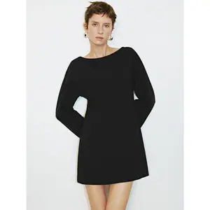 Women's URBAN REVIVO 2026 Spring Chic Casual Wear Long-Sleeve Round-Neck Polyester Blend Thick Fabric Cutout Tapered Waist Ultra-Short Mini Camisole Dress, Style UYL750020