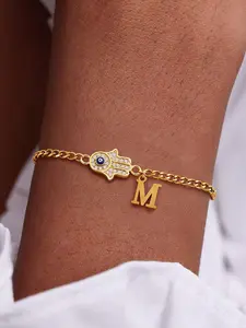 Initial Letter Micro Inlaid Zircon Hamsa Hand Women's Bracelet, Stylish Stainless Steel Cuban Link Bracelet for All Seasons