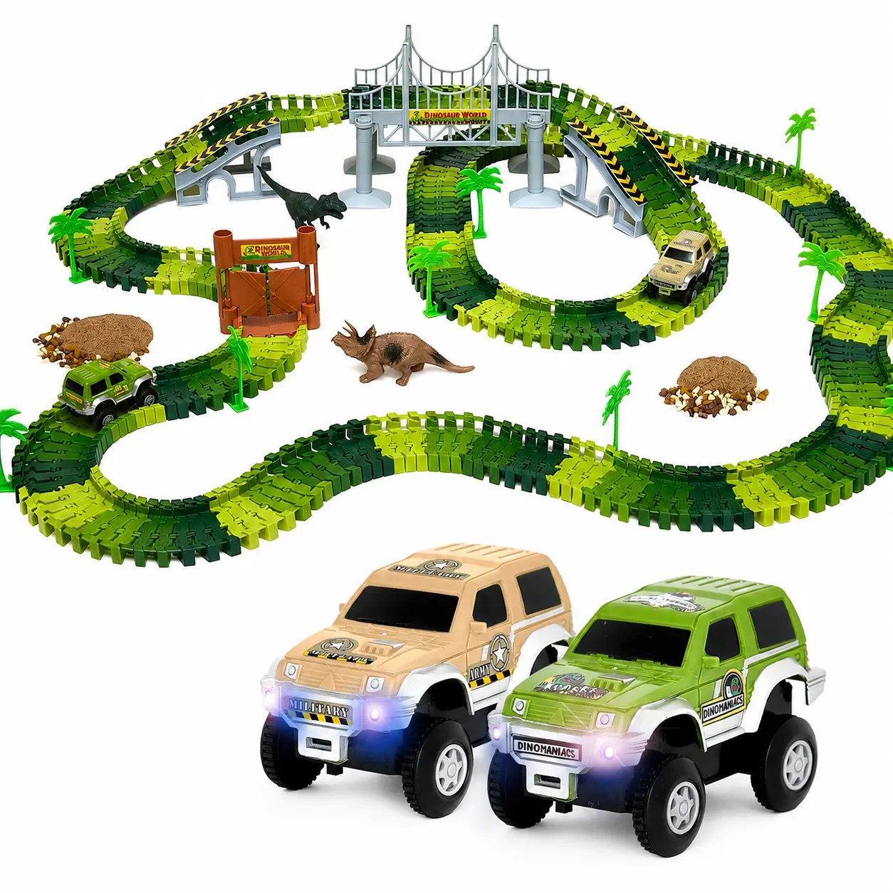JitteryGit DinoTrack Journey Flexible Track Dinosaur Race Toy Set - Glow-in-the-Dark Stickers, 2 Battery-Powered 4x4 Cars, T-Rex & Triceratops Figures, Bridge, Gate, Tunnel, Stem Learning Kids Gift for Age 3+, Flexible Tracks