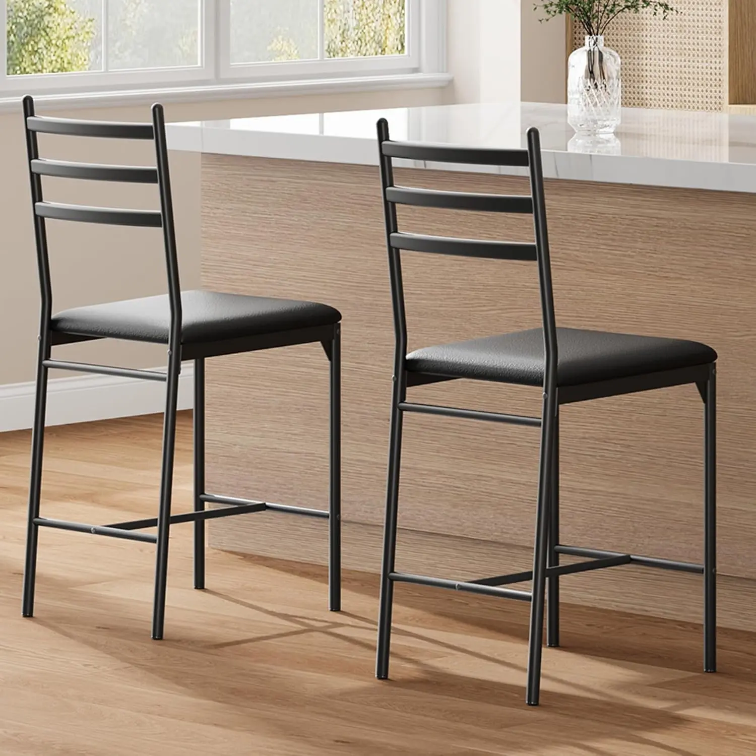 Garvee Set of 2 Dining Chairs - High Bar Stools with Backrest and Footrest - Padded Dining Chairs with Metal Frame - For Kitchen, Dining Room and