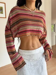 Vintage Colorblock Striped Ripped Shoulder Knit Long Sleeve Top, Loose Fit Casual Watercolor Pattern, Spring Summer Layering Hoodie