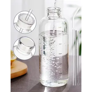 25oz/750ml Clear Glass Water Bottle with 2 Caps & Straw, High Borosilicate Glass Drinkware Portable Tumbler Mug cup lids