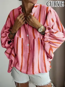 Fashion Curve Plus Size Striped Puff-Sleeve Blouse，Loose Casual Long-Sleeve Tops Y2K Clothes Summer Vacation Street Style Daily Outfits