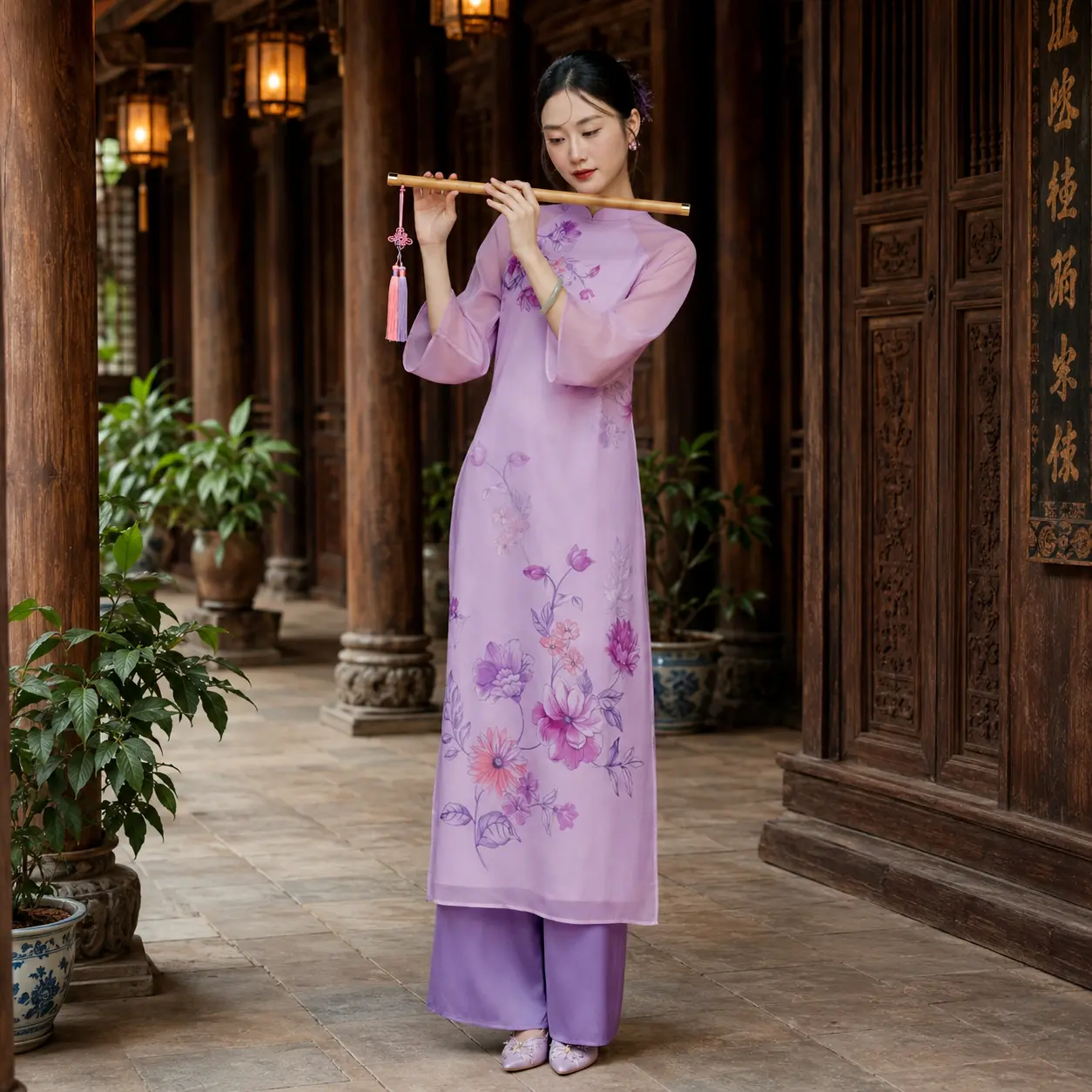 Ethereal Purple Floral Ao Dai, Soft Pastel Traditional Vietnamese Dress, Artistic Sheer Sleeve Formal Wear