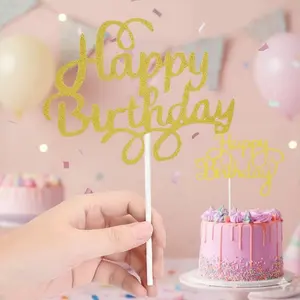 Metal Glitter Cake Topper Set, DIY Birthday Party Dessert Table Decorations, Oxidation-Resistant Durable Sweet Table Accessories, Festival Gathering Photo Decor Metal Picks, Happy Birthday Cake Top Ornament Insert Sign Kit