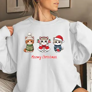 Meowy Christmas Sweatshirt Cute Cat Holiday Crewneck Unisex Cozy Pullover Funny Xmas Gift Festive Kitty Sweater Long Sleeve Cotton Polyester Blend Soft Comfy Tops