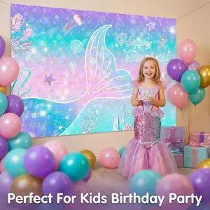 Mermaid Theme Birthday Backdrop, Blue Gradient, Sparkly Fish Scales, Durable Polyester, Large Rectangular, HD Print, Perfect for Parties