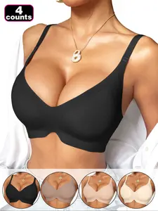 Women's Seamless Fitted Bra, Comfortable Breathable Wire-Free, Seamless Push-Up, Daily Wear Sleepwear T-Shirt Bra, Women's Underwear 4pcs