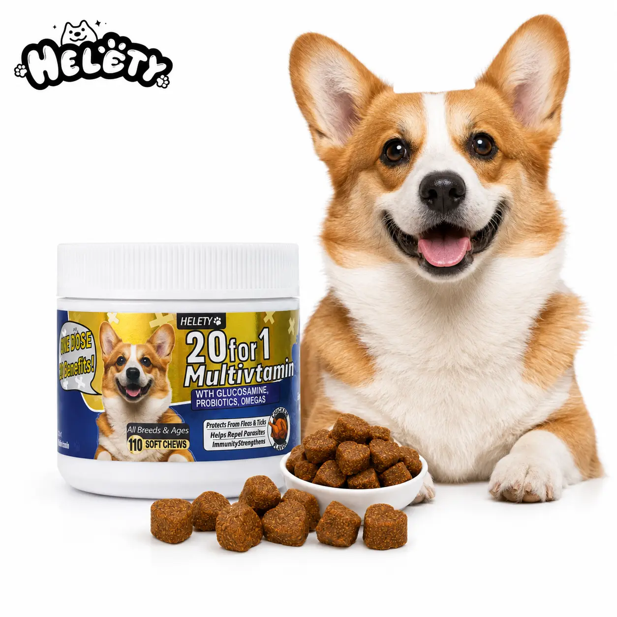 Helety 20-in-1  Multivitamin Soft Chews - 110 Ct, Chicken Flavor, with Glucosamine, Probiotics, Omegas for Joint, Gut, Skin & Coat Support, All  Breeds & Ages itchy tick pumpkin pet honesty mobility Natural Dog Hip and Joint Supplement Health Small