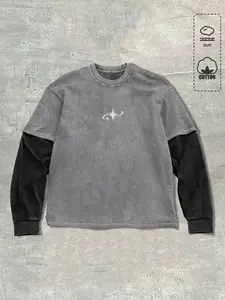 Men's Spring Autumn Casual Patchwork Graphic Long Sleeve Sweatshirt, Street Vintage Style, Cotton Fabric, Fitted Crop Top, Outdoor & Daily Wear, Apparel