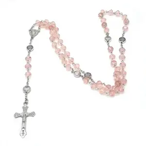 Crystal Beaded Rosary Necklace With Cross Pendant Design, Classic Catholic Religious Long Chain Jewelry, Elegant Daily Wearing Accessory, Suitable for Baptism Ceremony Decoration, Religious Collection And Thoughtful Holiday Gift for Women And Adults