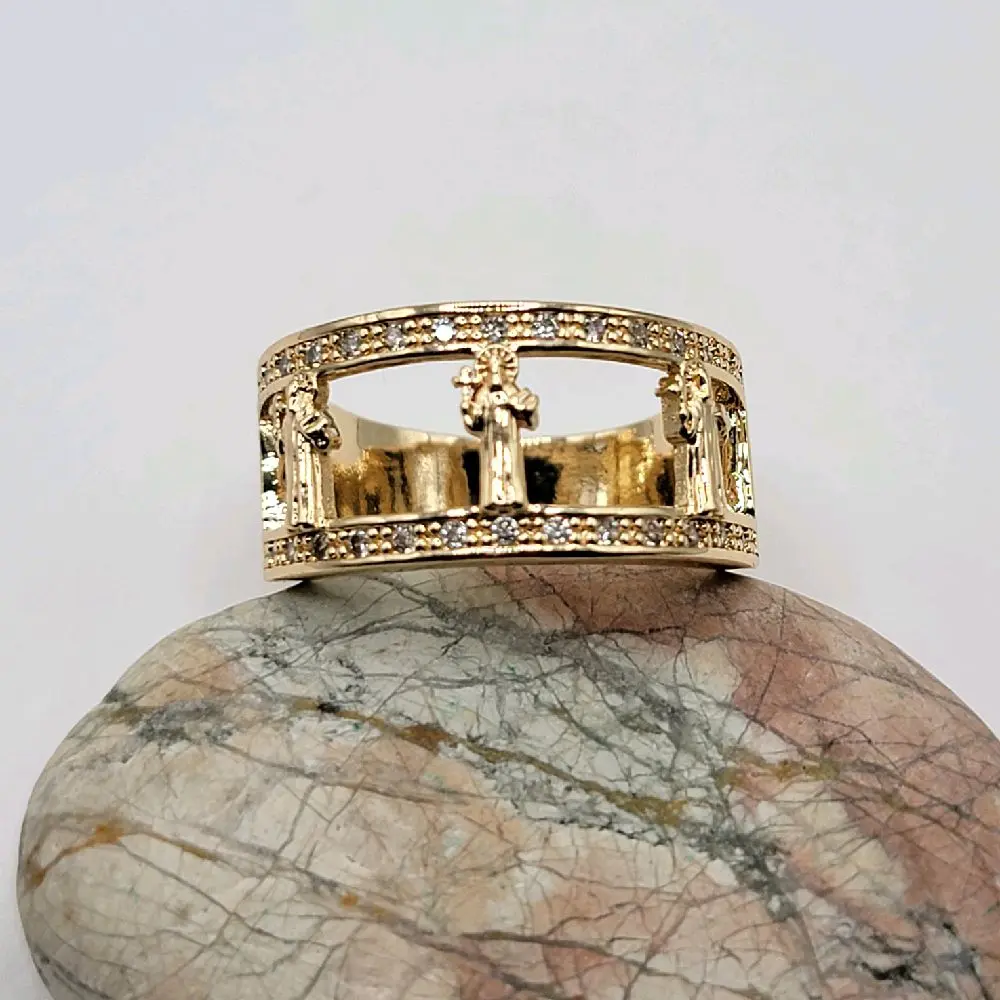 Elegant Saint Benedict Ring (San Benito) Ring With Clear Stones Laminated Gold Sizes 7 to 9, Top 11mm Bottom 5mm Sparkling Design for Any Occasion