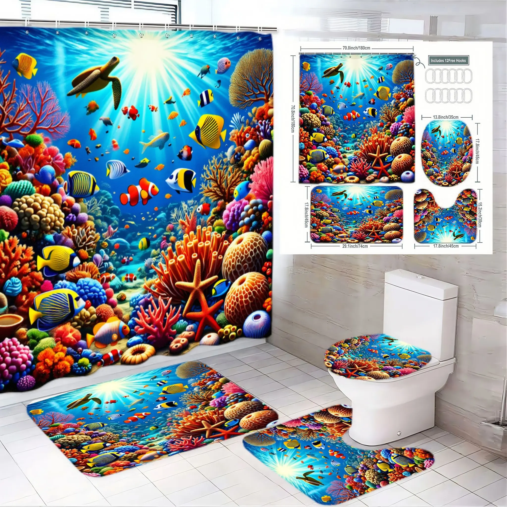 4pcs Underwater Coral Reef Bathroom Set with Tropical Fish Shower Curtain, Sea Turtle, Vibrant Ocean Scene Bath Mat and Toilet Seat Cover – Tropical Holiday Bathroom Decor for Summer Beach Vibes, Shower Curtain Sets, Bathroom Decoration Accessories