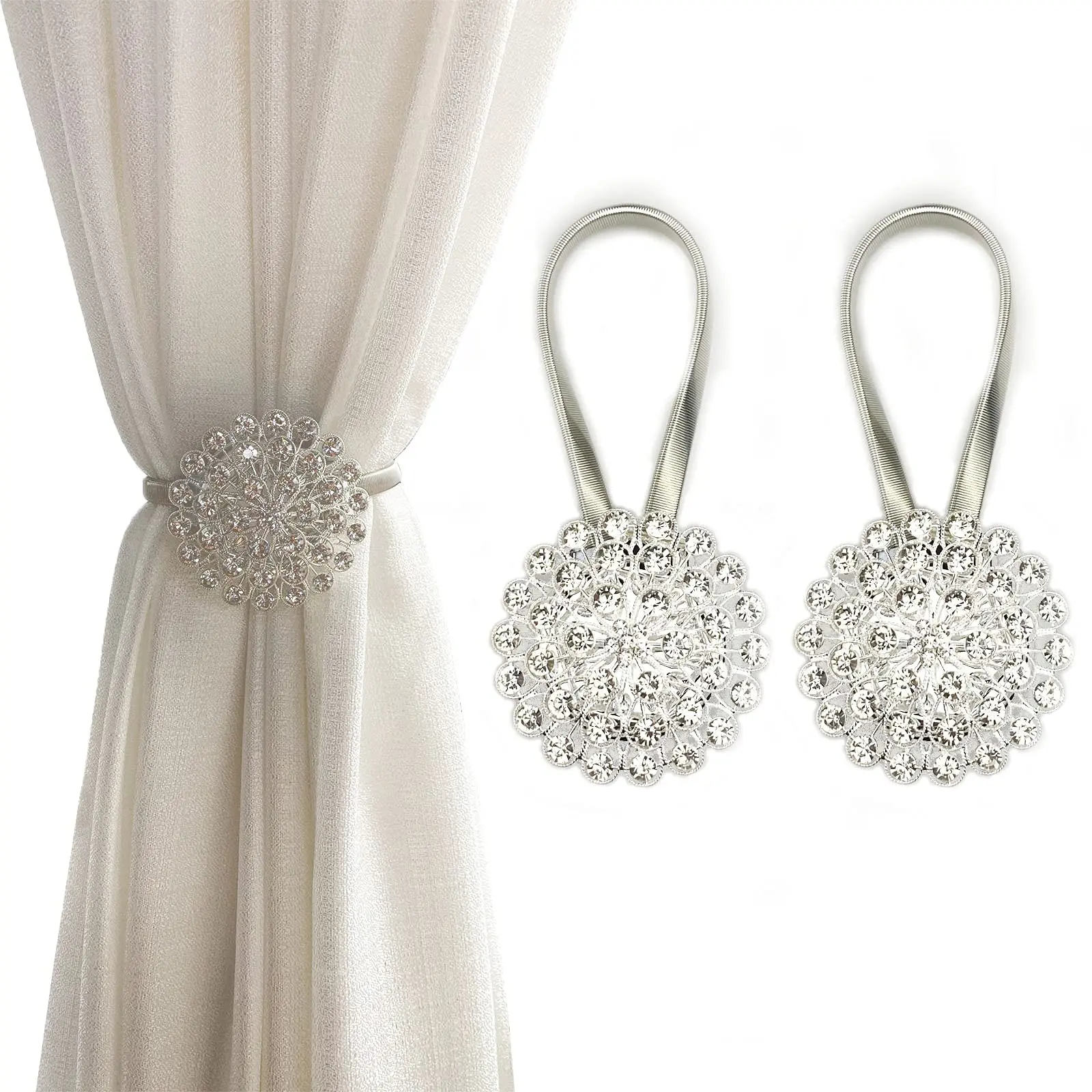 2 Pack Magnetic Curtain Tiebacks – Sparkling Crystal Flower Curtain Holdbacks, Strong Magnet Snap Closure with High-Elastic Spring Wire, Decorative Buckle Clips for Home Office Drapes