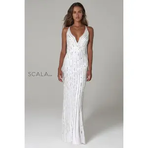 SCALA -60102 Beaded Halter V-Neck Long Dress