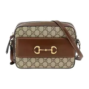 GUCCI Horsebit 1955 Camera Bag with Golden Hardware and Ebony Canvas for Women