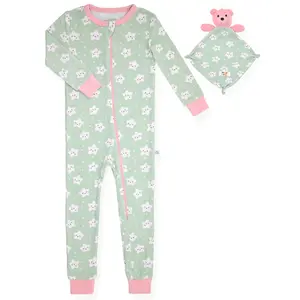 Girls Long Sleeve Super Soft Snuggle Jersey Zip-Up Coverall Pajama with Blankey Buddy- Smiley Stars.