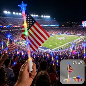 2-Pack LED Light-Up American Flag Wands, Patriotic Glow Sticks with 3 Flashing Modes, Battery-Operated USA Flag Party Favors for Football Games, Fourth of July, Parades & Celebrations