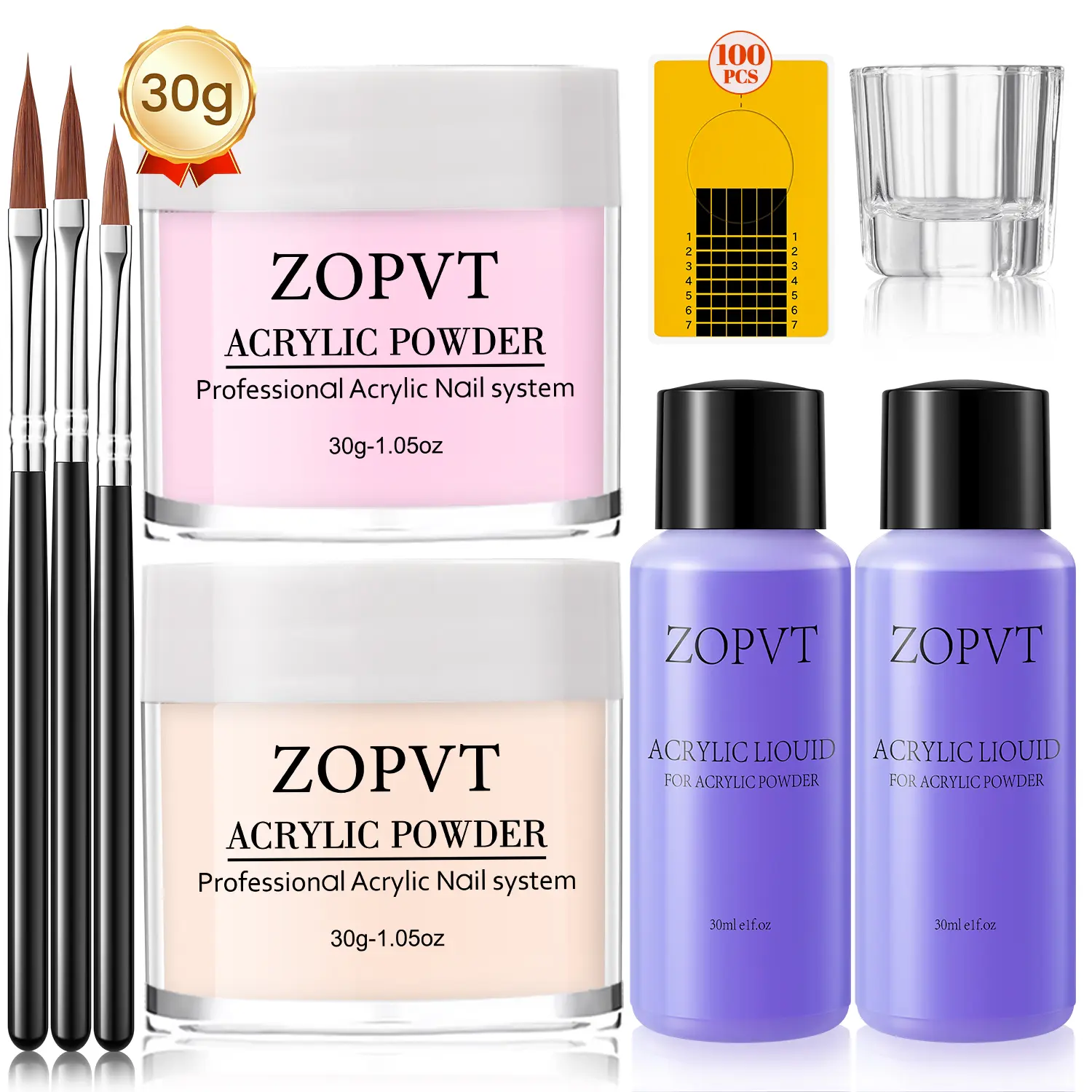 Acrylic Powder Nail Kit (60g), Includes 2 Bottles 30ML Liquid, Essential Tools Set for Beginners, Perfect for Nail Art DIY Manicure at Home